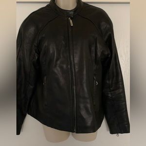 Black Zipped up leather jacket. Moto style. L. Alder Collection Zipped up.